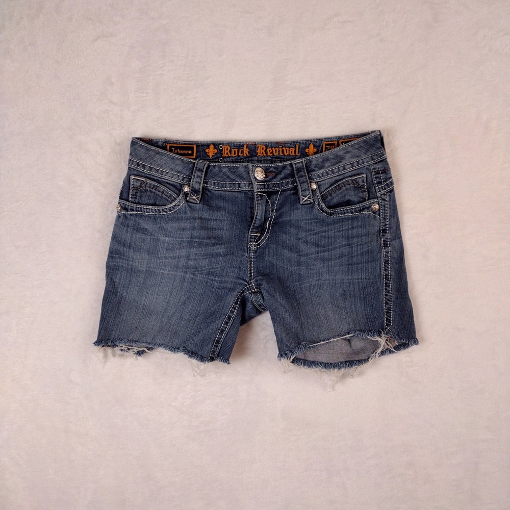 Rock Revival Johanna‎ Skinny Denim Shorts Medium Wash Frayed Hem Size 28